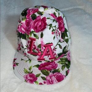 Headlines snap back baseball cap, pink/white roses with LA embroidered on front